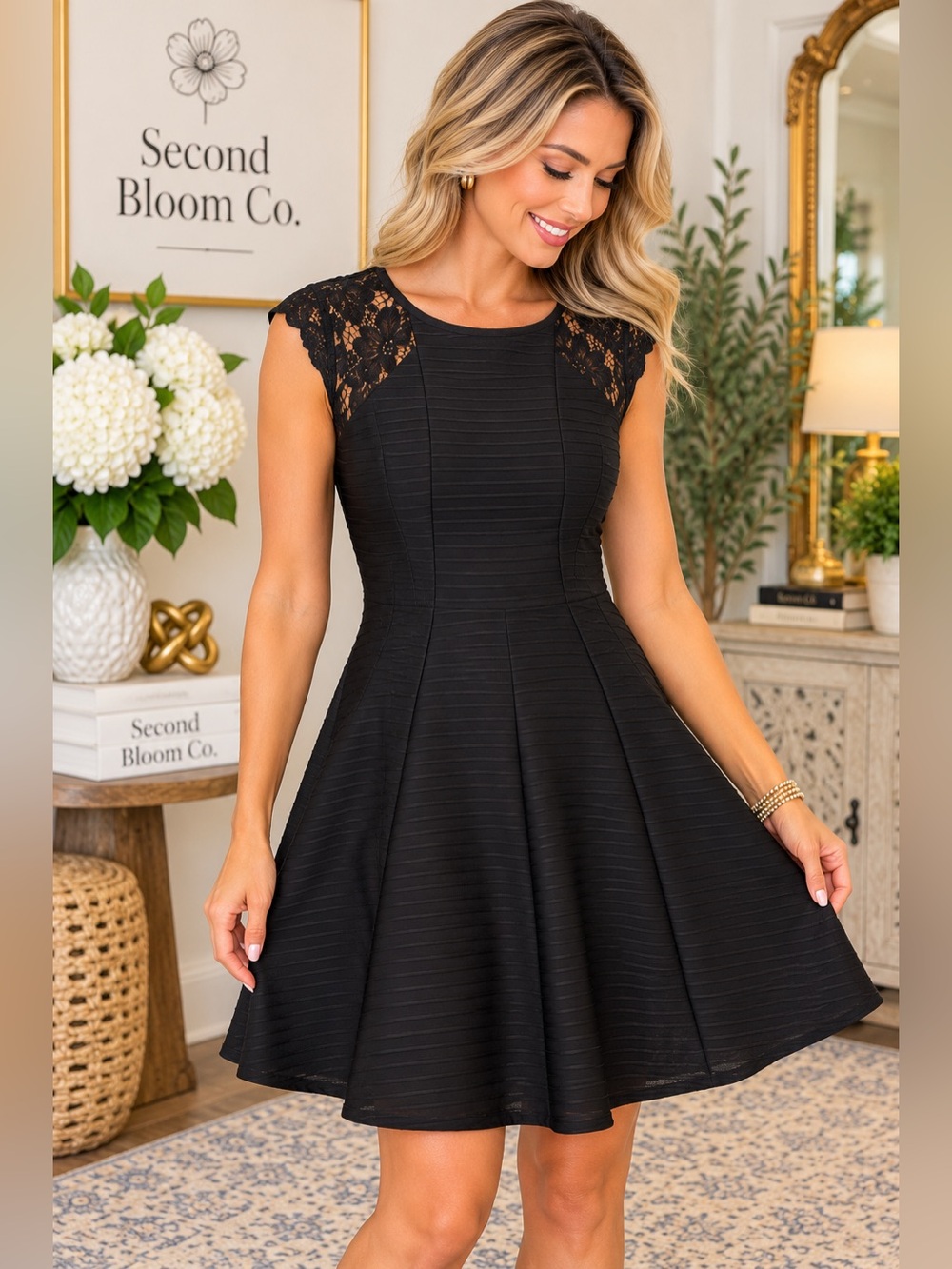 NWT Ronni Nicole Black Lace Cap Sleeve Fit & Flare Dress Size 6